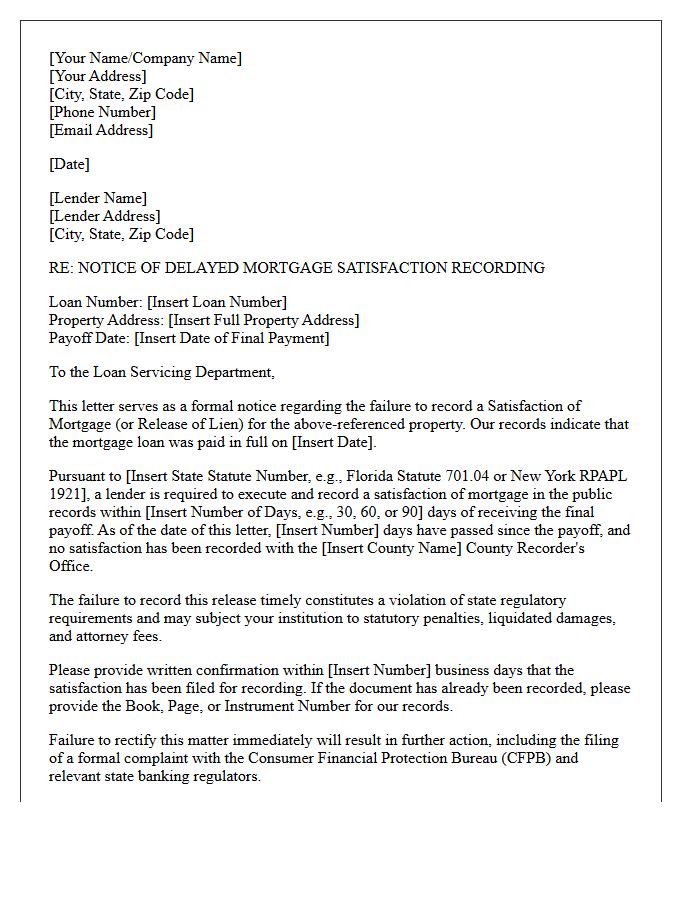Regulatory Notice Letter Regarding Delayed Mortgage Satisfaction Recording