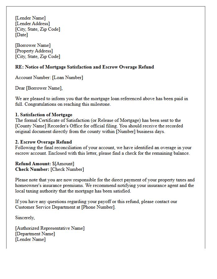 Certificate of Mortgage Satisfaction and Escrow Overage Letter