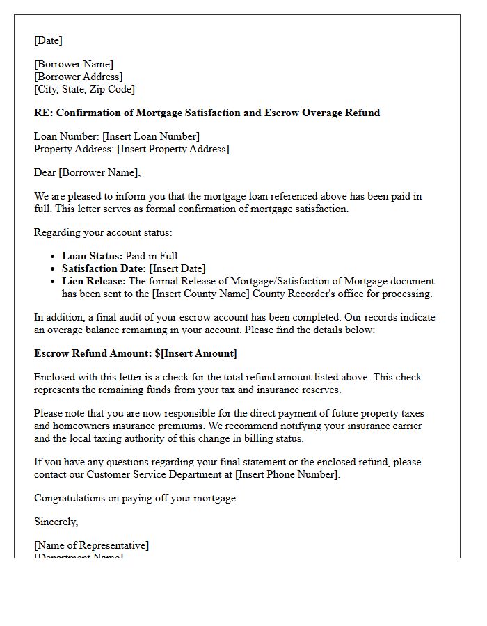 Confirmation of Mortgage Satisfaction and Escrow Overage Letter