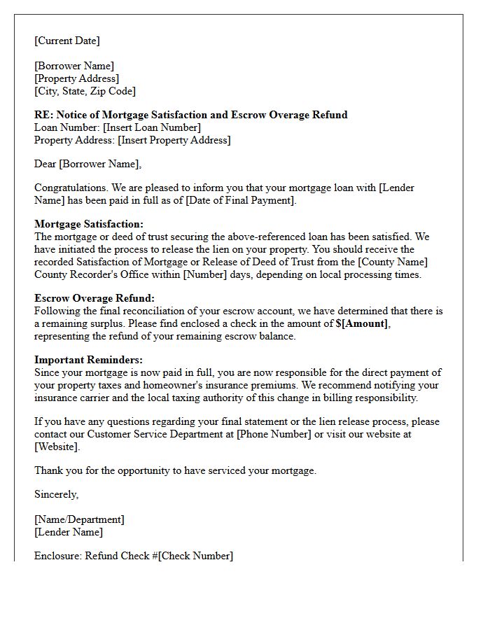 Escrow Overage Refund and Mortgage Satisfaction Letter