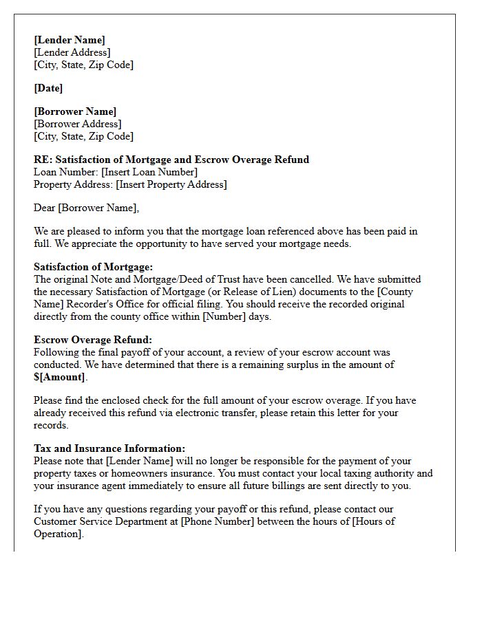 Lender Satisfaction of Mortgage and Escrow Overage Letter