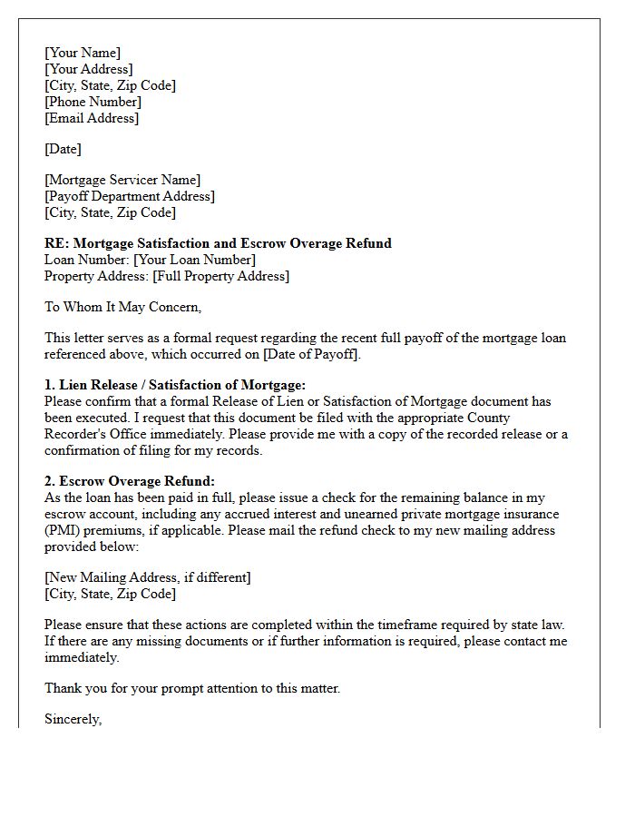 Mortgage Lien Release and Escrow Overage Refund Letter