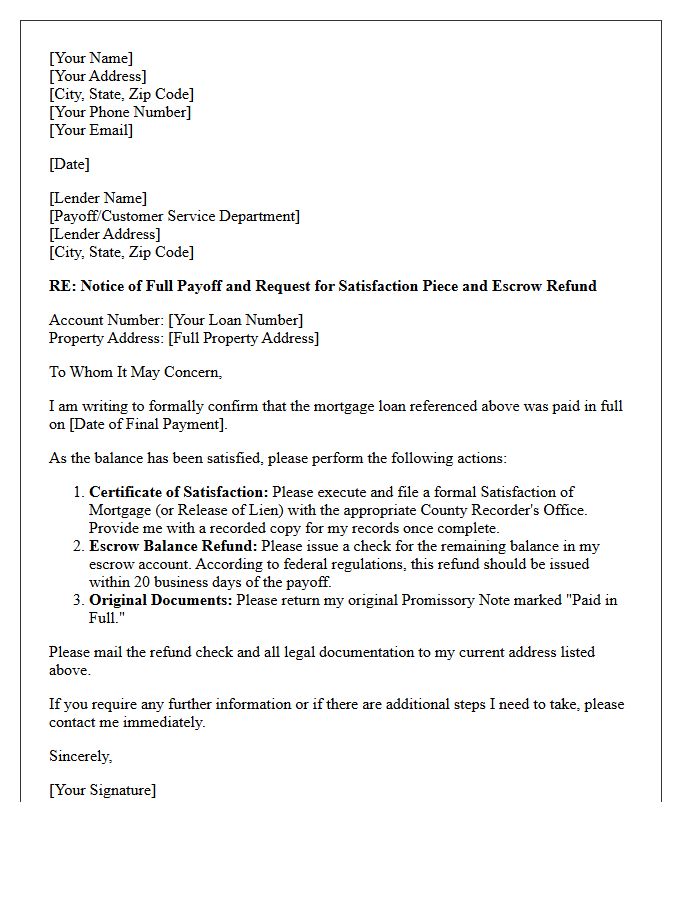 Paid in Full Mortgage Satisfaction and Escrow Refund Letter