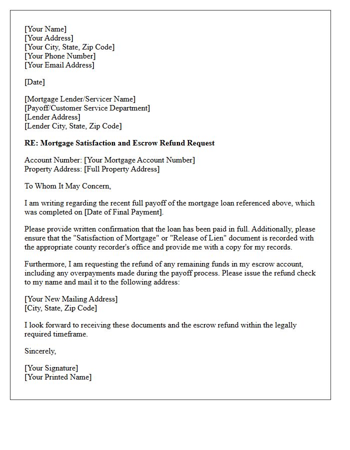 Post-Payoff Mortgage Satisfaction and Escrow Refund Letter