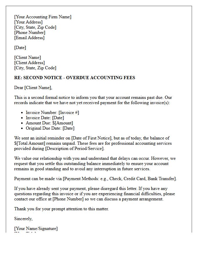 Debt Collection Second Notice Letter for Accounting Fees