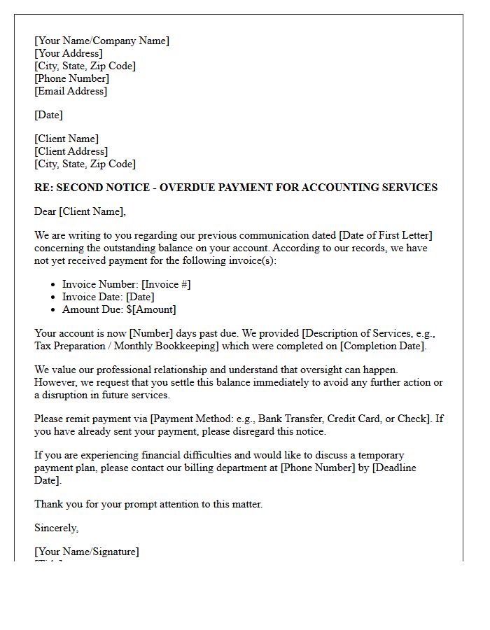 Debt Recovery Second Attempt Letter for Accounting Services