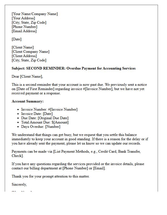 Past Due Accounting Services Second Reminder Letter