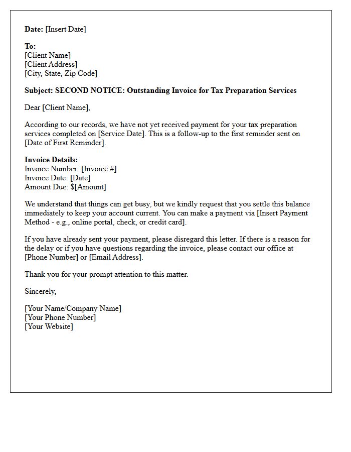 Second Payment Request Letter for Tax Preparation Services