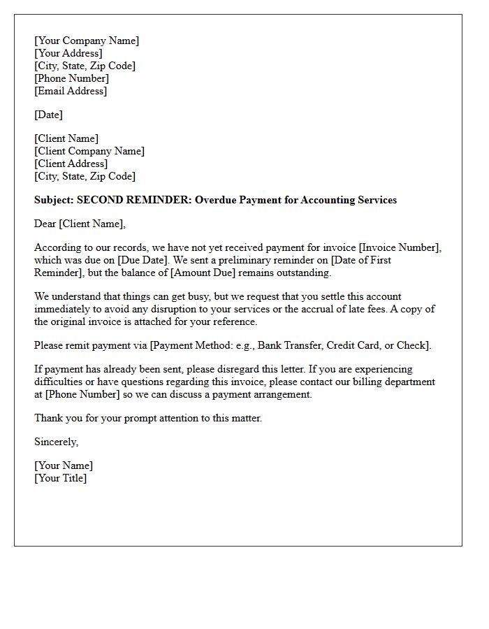 Second Reminder Letter for Unpaid Accounting Services