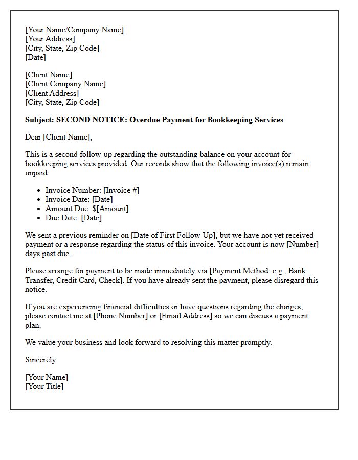 Unpaid Bookkeeping Services Second Follow-Up Letter