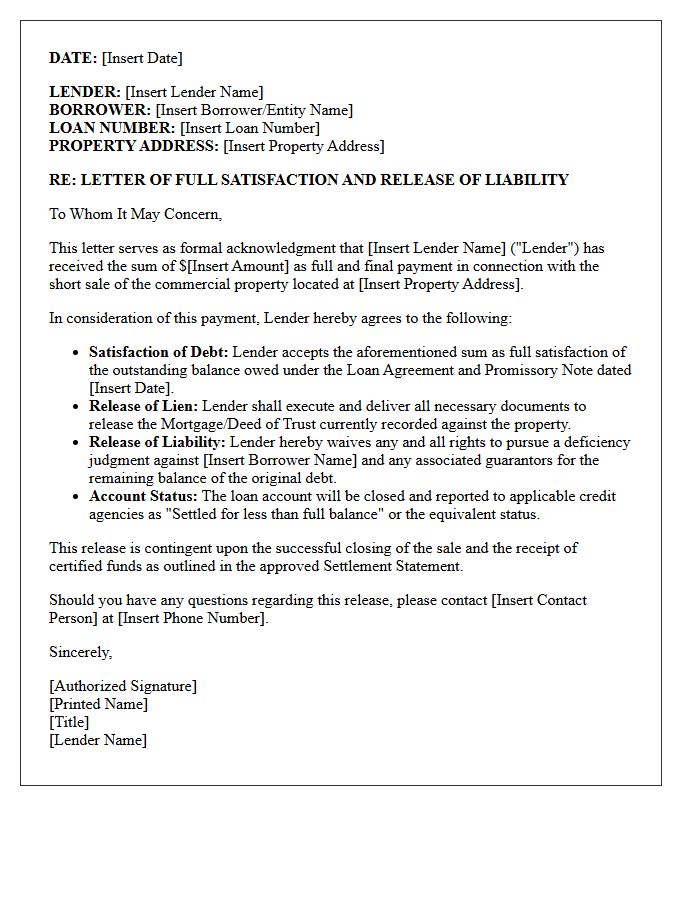 Commercial Short Sale Satisfaction Letter