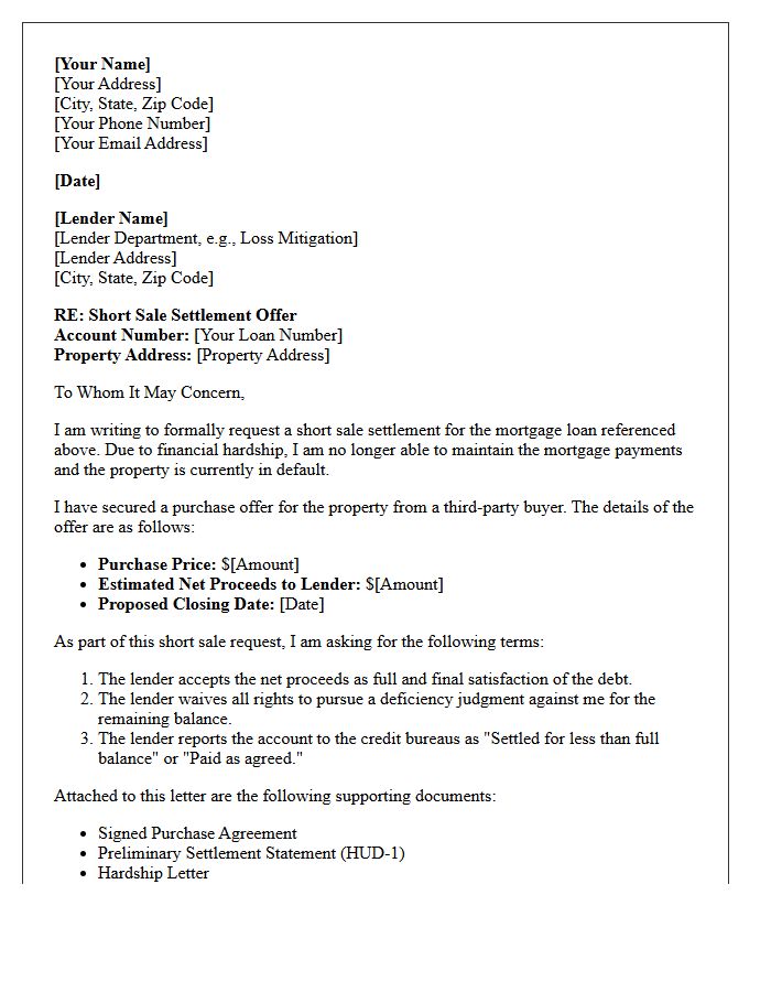 Defaulted Mortgage Short Sale Settlement Letter