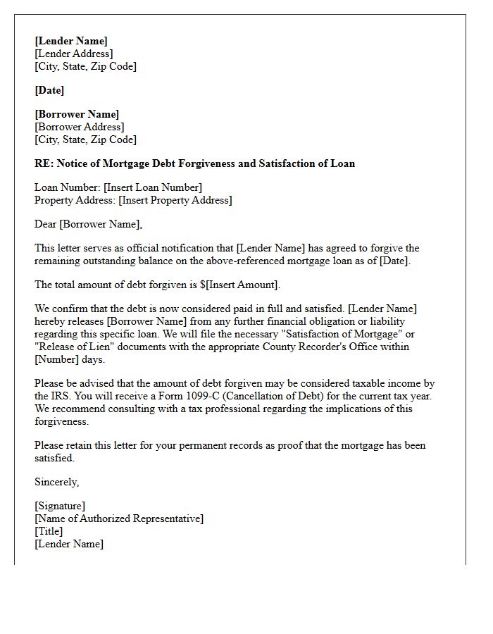 Mortgage Debt Forgiveness and Satisfaction Letter