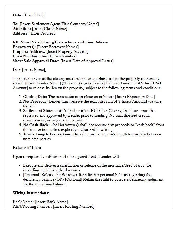 Short Sale Closing Instructions and Release Letter