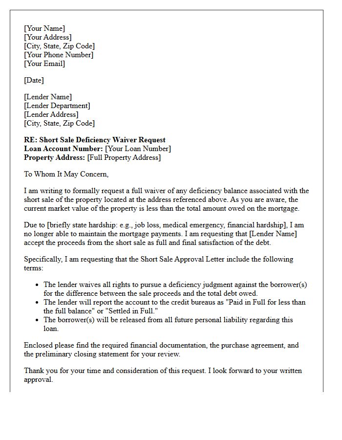 Short Sale Deficiency Waiver Letter