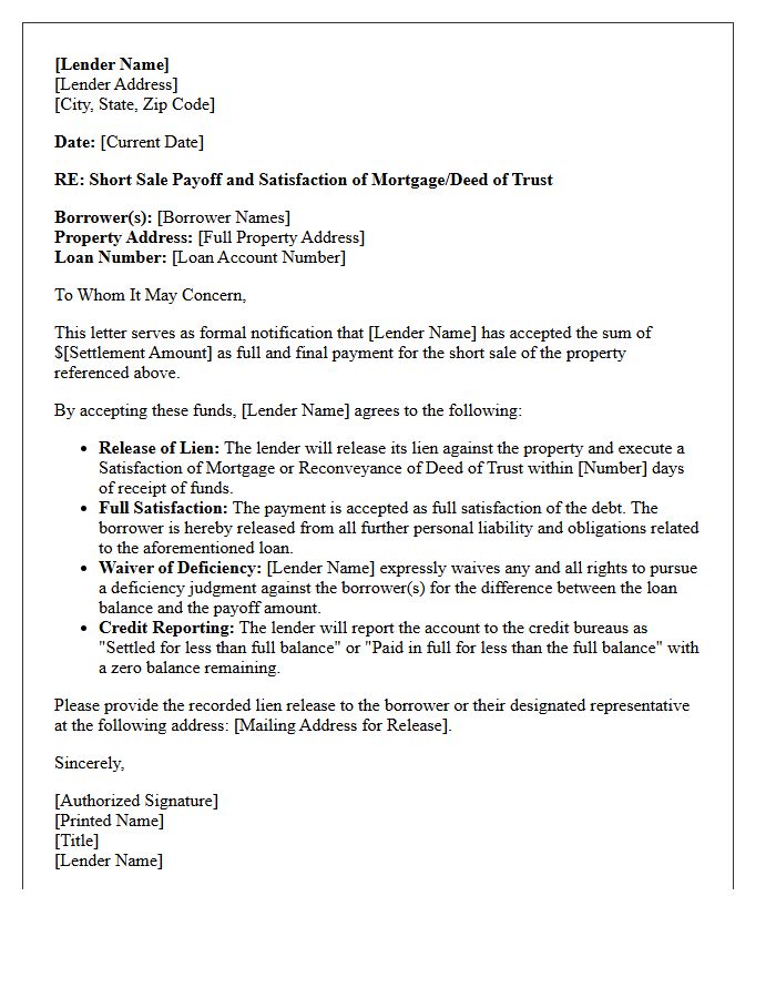 Short Sale Payoff and Satisfaction Letter
