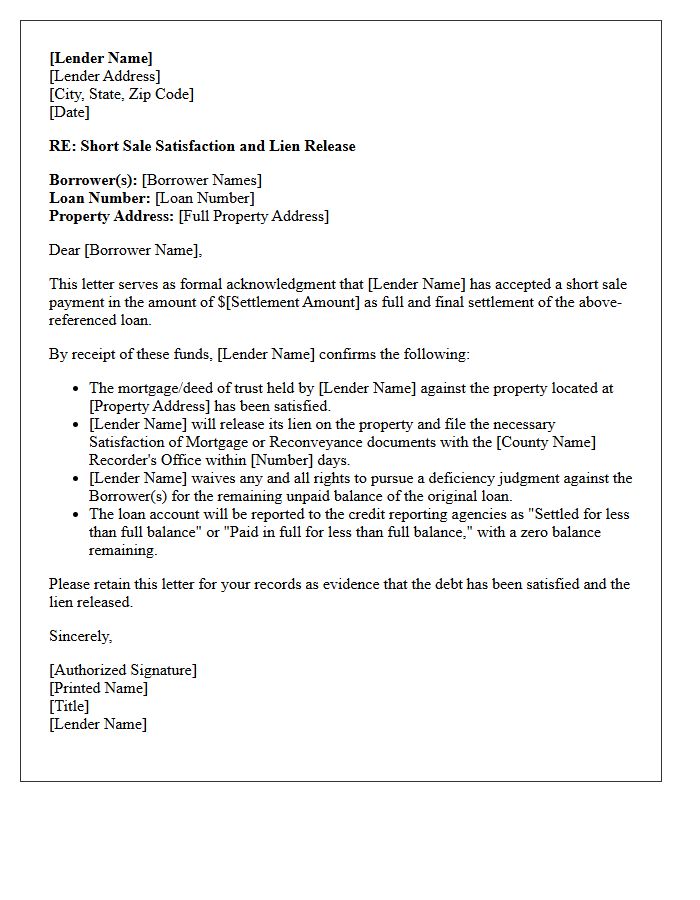 Short Sale Satisfaction and Lien Release Letter