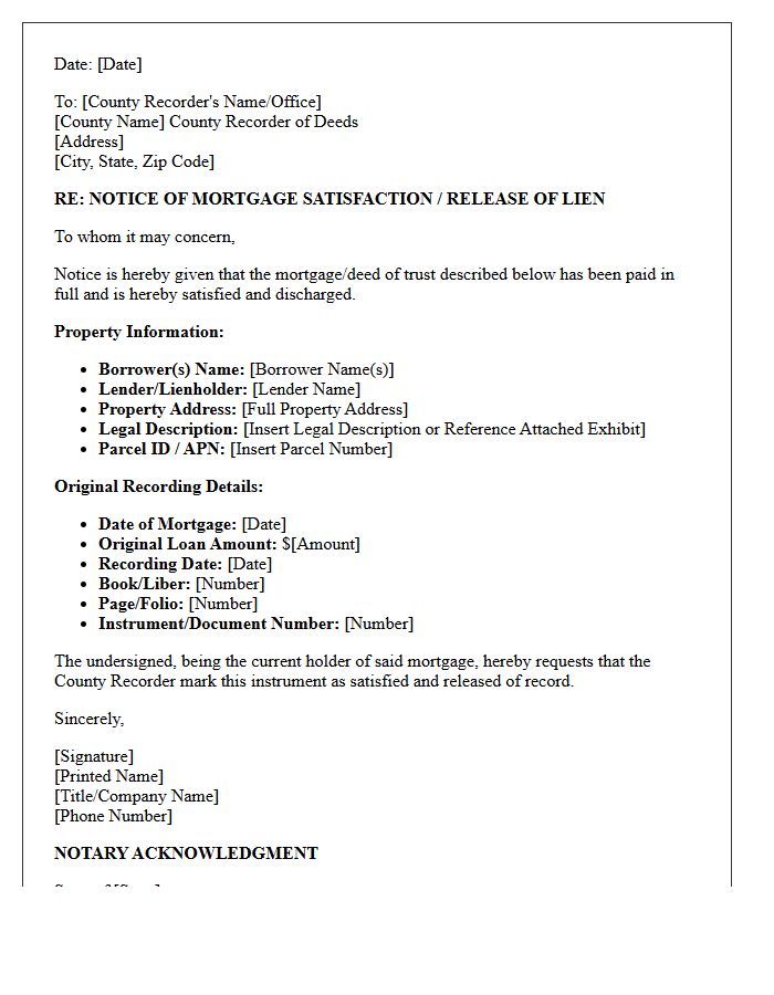 County Recorder Notice of Mortgage Satisfaction Letter