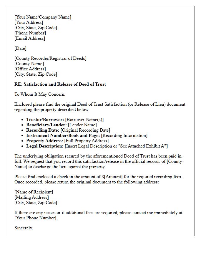 Deed of Trust Satisfaction Transfer Letter