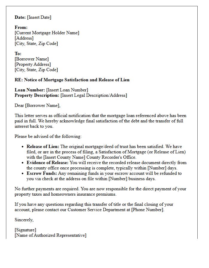 Final Satisfaction of Mortgage Transfer Letter