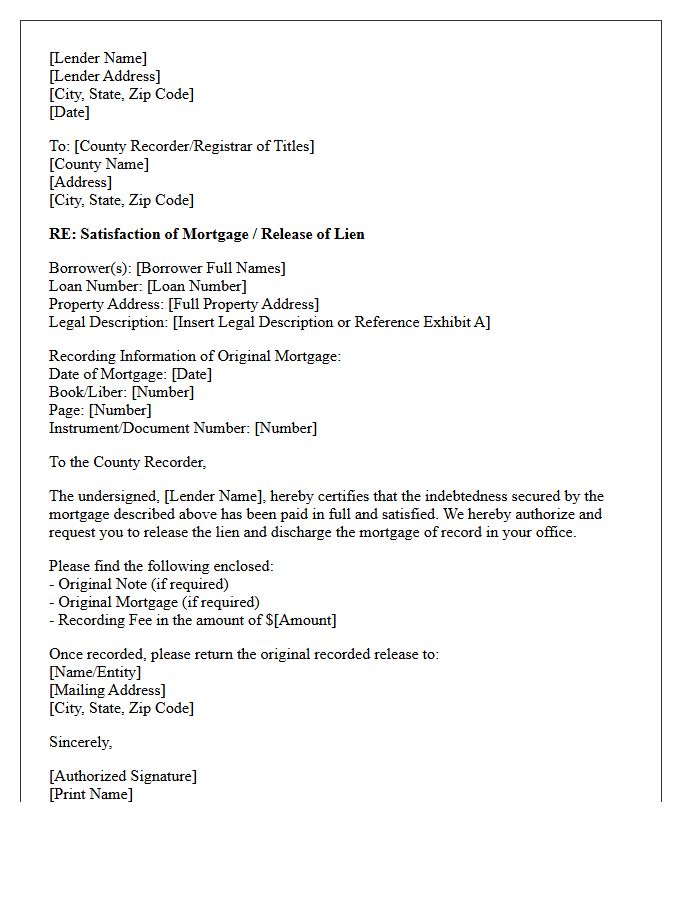 Lender Letter for Mortgage Satisfaction County Transfer