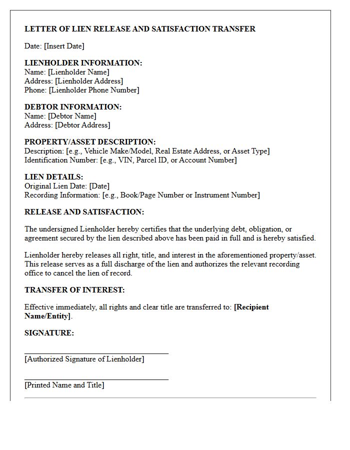 Letter of Lien Release and Satisfaction Transfer