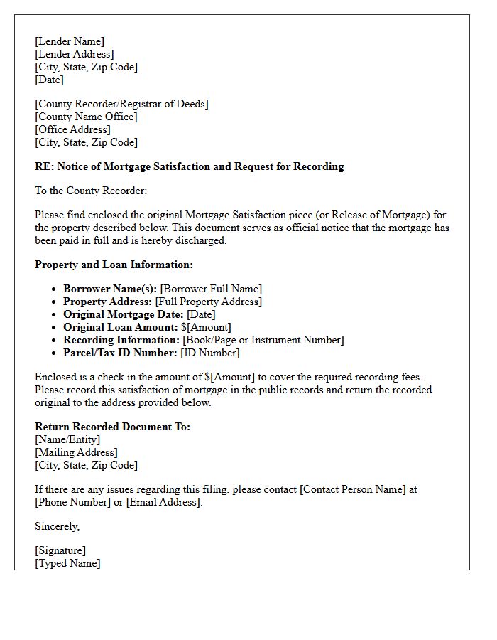 Letter of Notice of Mortgage Satisfaction Transfer to County Recorder