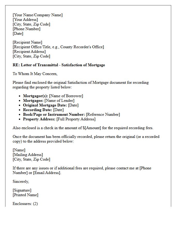 Letter of Transmittal for Mortgage Satisfaction Document