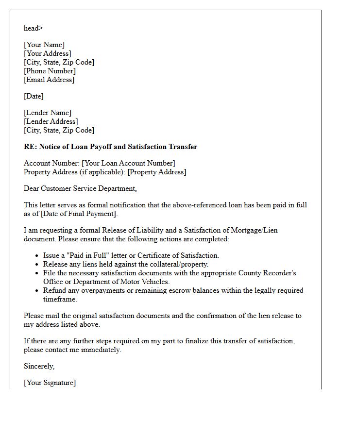 Notice of Loan Payoff and Satisfaction Transfer Letter