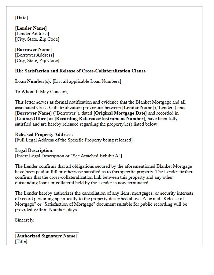 Blanket Mortgage Cross-Collateralization Satisfaction Letter