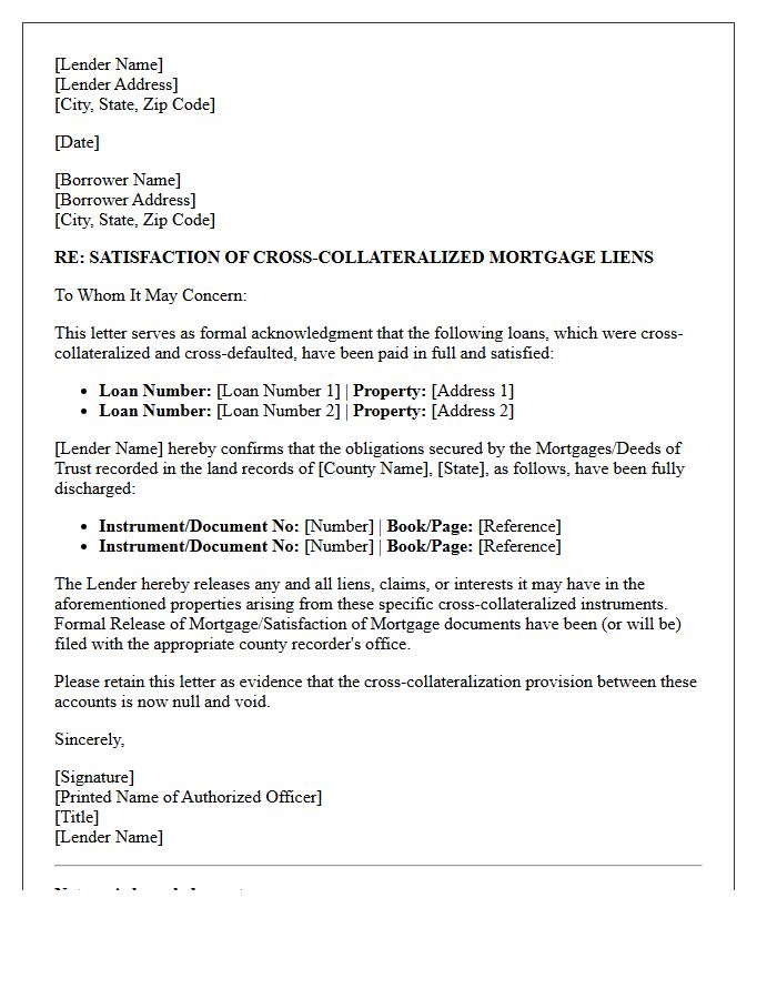 Cross-Collateralized Mortgage Lien Satisfaction Letter