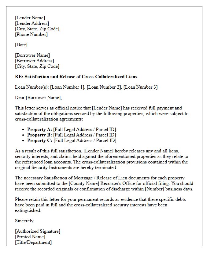Official Mortgage Lender Cross-Collateralized Satisfaction Letter