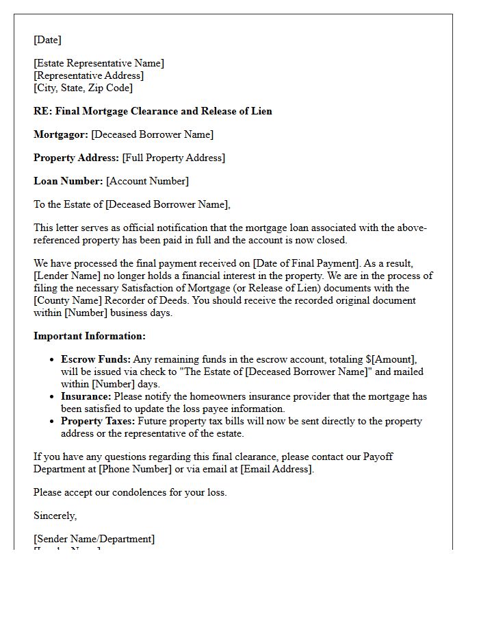 Deceased Borrower Final Mortgage Clearance Letter