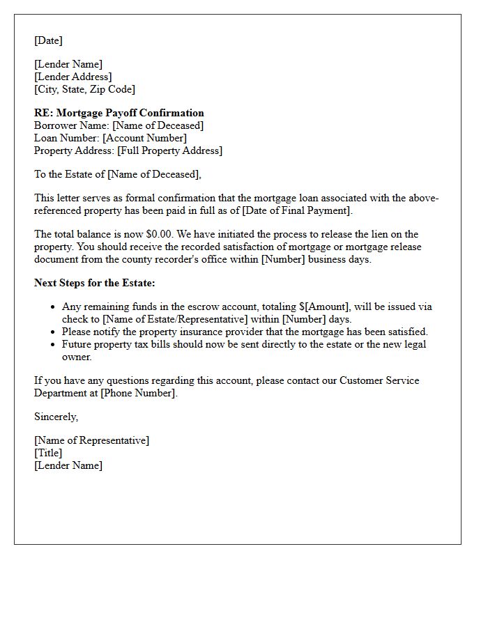 Deceased Borrower Mortgage Payoff Confirmation Letter