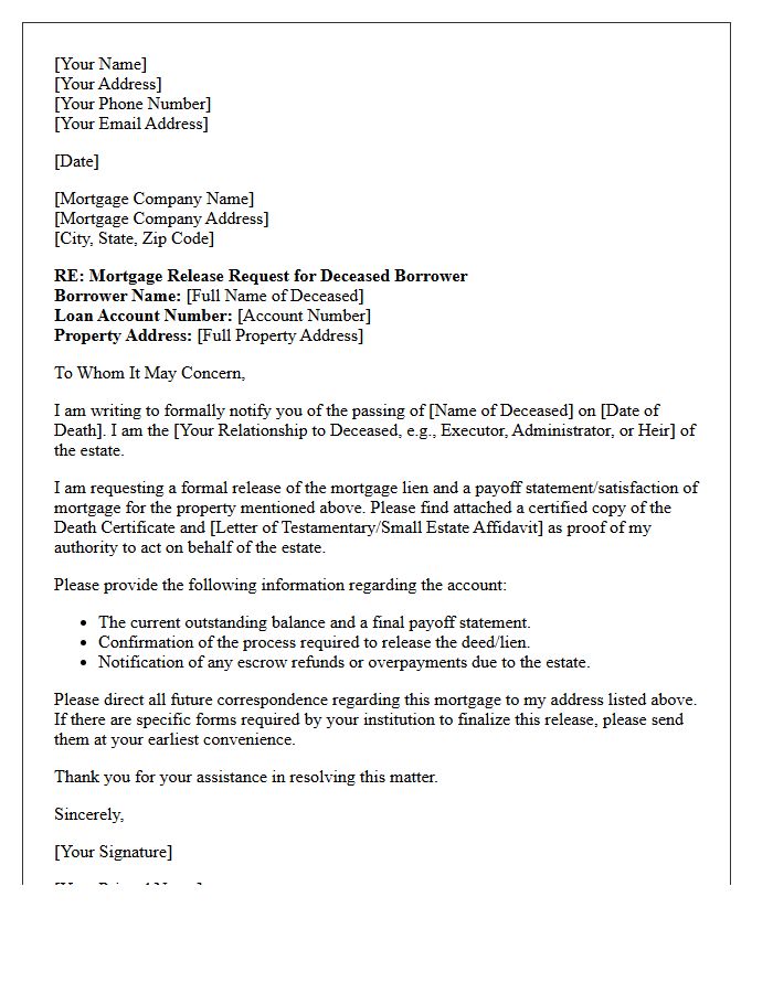 Deceased Borrower Mortgage Release Letter