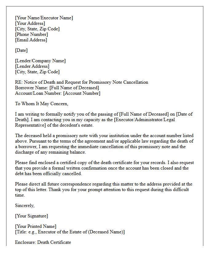 Deceased Borrower Promissory Note Cancellation Letter