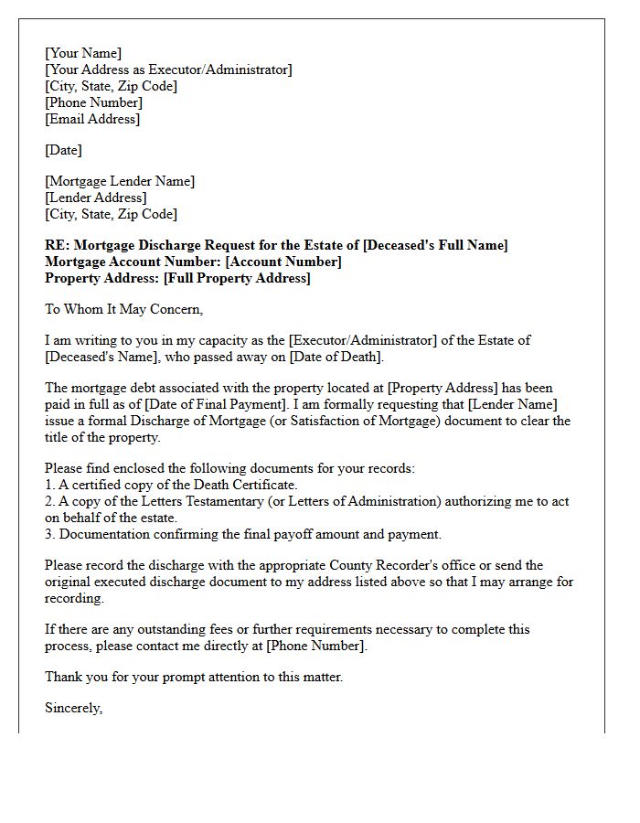 Estate Discharge of Mortgage Debt Letter
