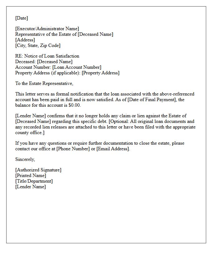 Estate Notice of Loan Satisfaction Letter