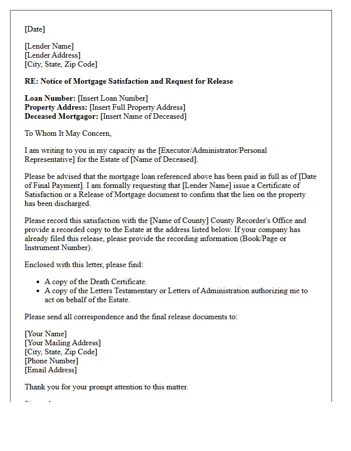 Estate Notice of Mortgage Satisfaction Letter