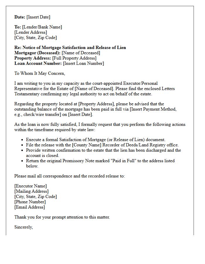 Executor Notification of Mortgage Satisfaction Letter