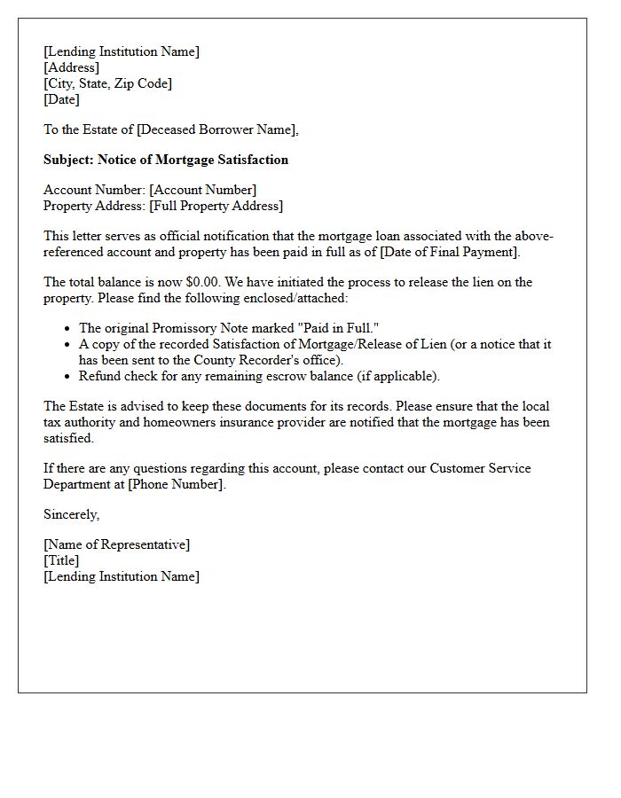 Mortgage Paid in Full Letter to Estate