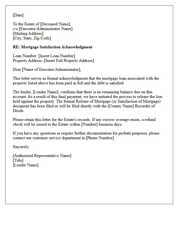 Mortgage Satisfaction Acknowledgment Letter to Estate