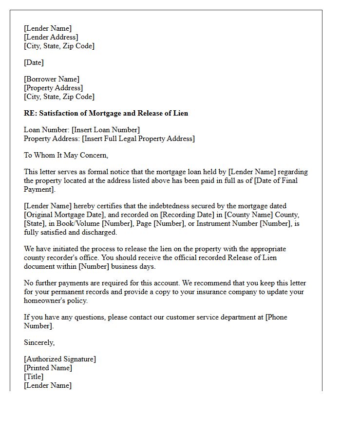 Mortgage Satisfaction and Lien Release Letter