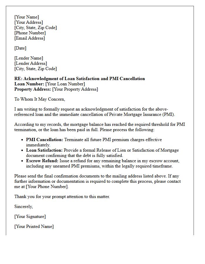 Acknowledgment of Loan Satisfaction and Private Mortgage Insurance Cancellation Letter