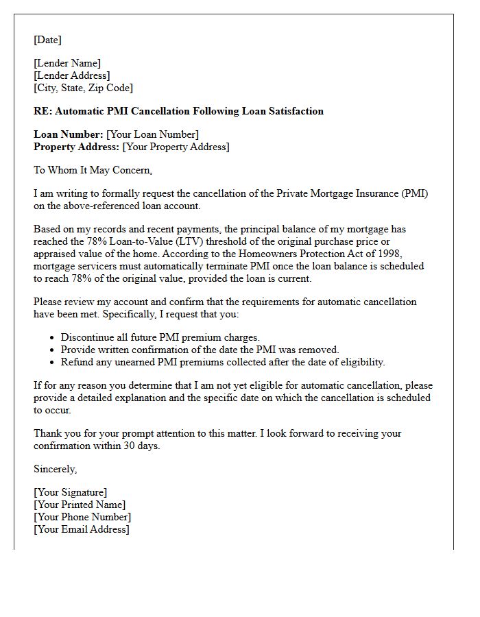 Automatic Private Mortgage Insurance Cancellation Following Loan Satisfaction Letter