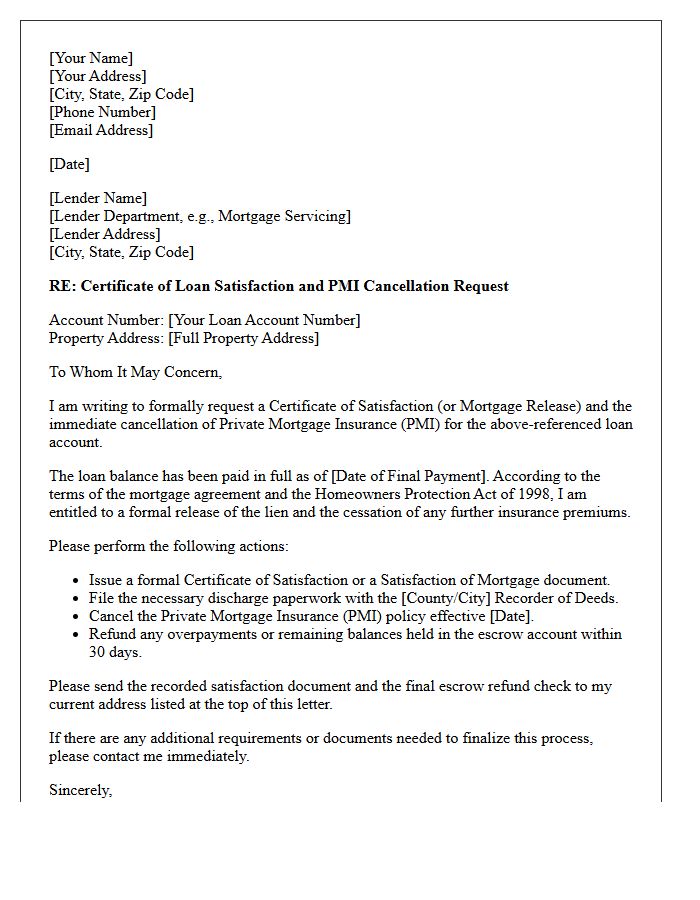 Certificate of Loan Satisfaction and Private Mortgage Insurance Cancellation Letter