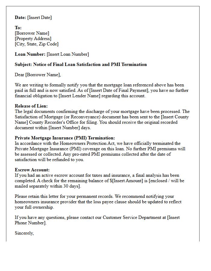 Final Loan Satisfaction and Private Mortgage Insurance Termination Letter