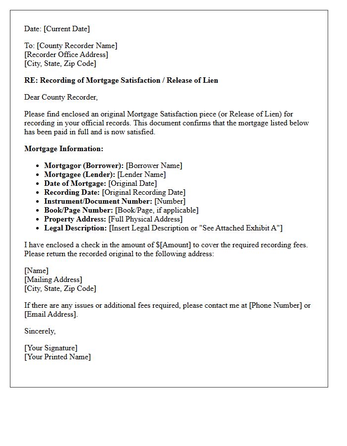 County Recorder Mortgage Satisfaction Letter