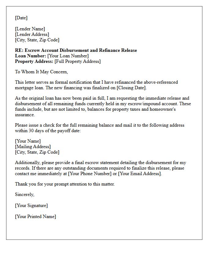 Escrow Account Disbursement and Refinance Release Letter