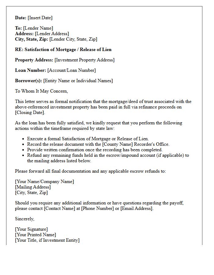 Investment Property Refinance Satisfaction Letter